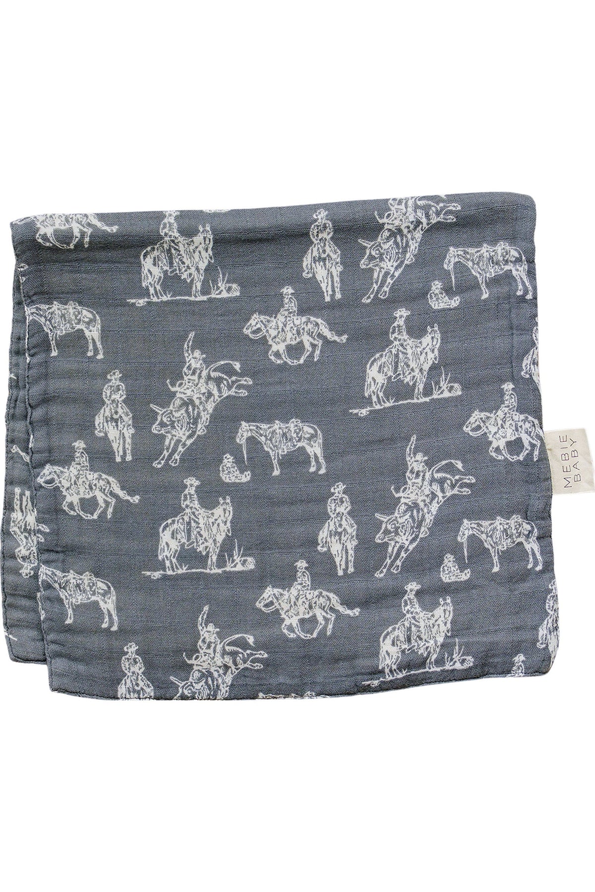 A muslin burp cloth featuring a Wild West theme, illustrated with cowboys and horses on a dark gray background.