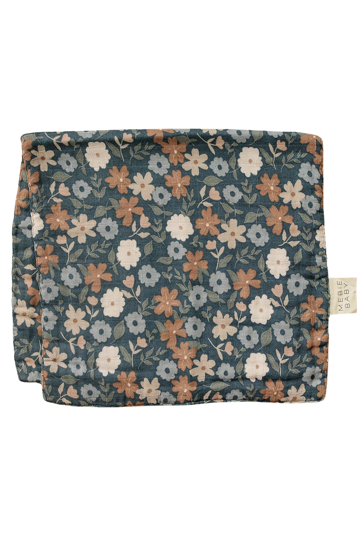 A navy muslin burp cloth featuring a floral pattern in soft pastel colors, labeled with the brand Mebie Baby.