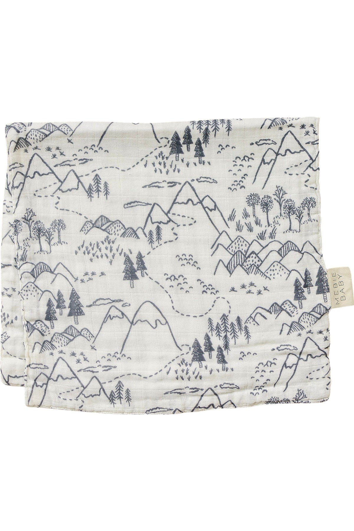 White muslin burp cloth with a mountain and tree pattern, featuring a Mebie Baby tag on the side.