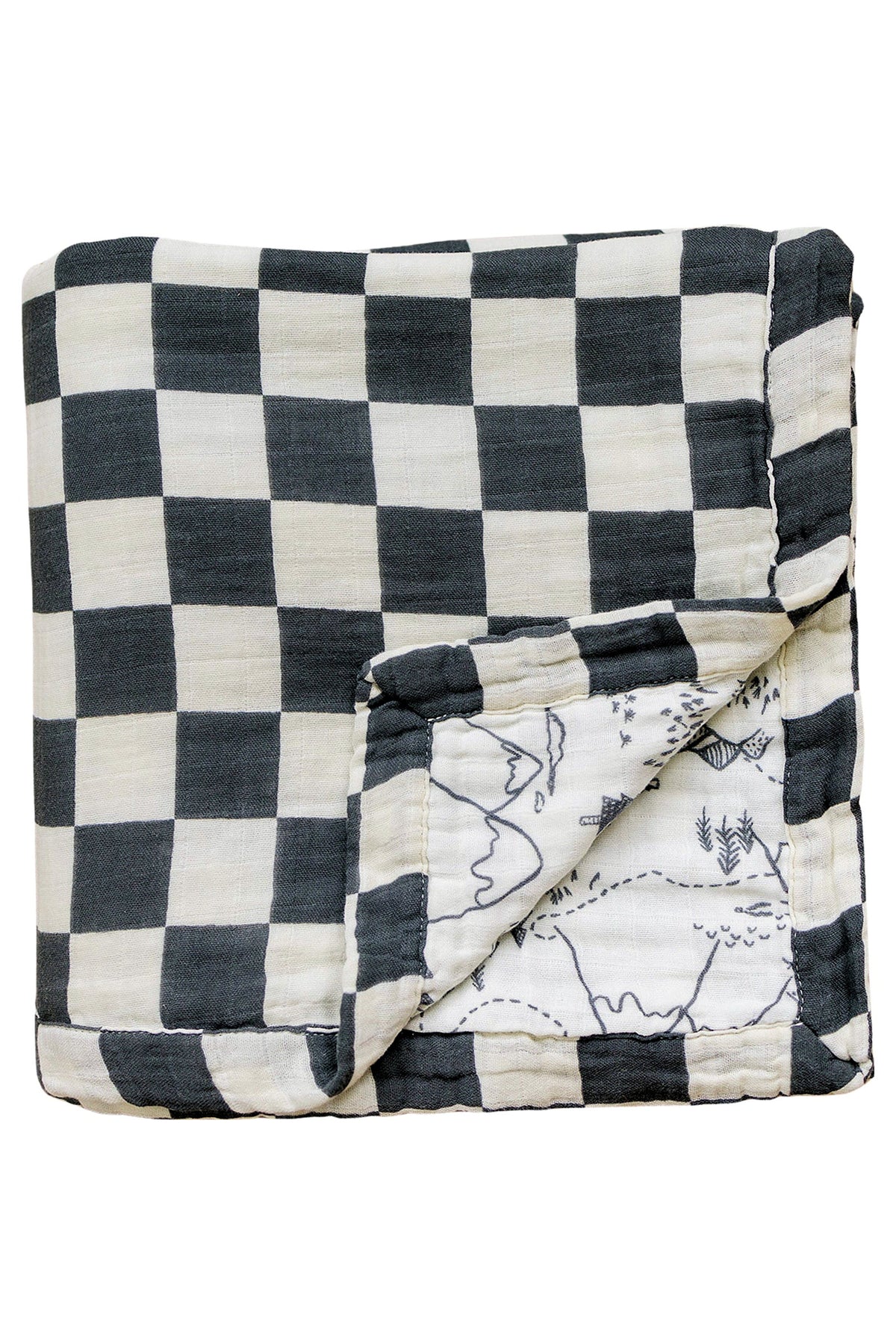 A charcoal checkered crib quilt featuring four layers of soft muslin fabric, with a whimsical illustration on the reverse side.
