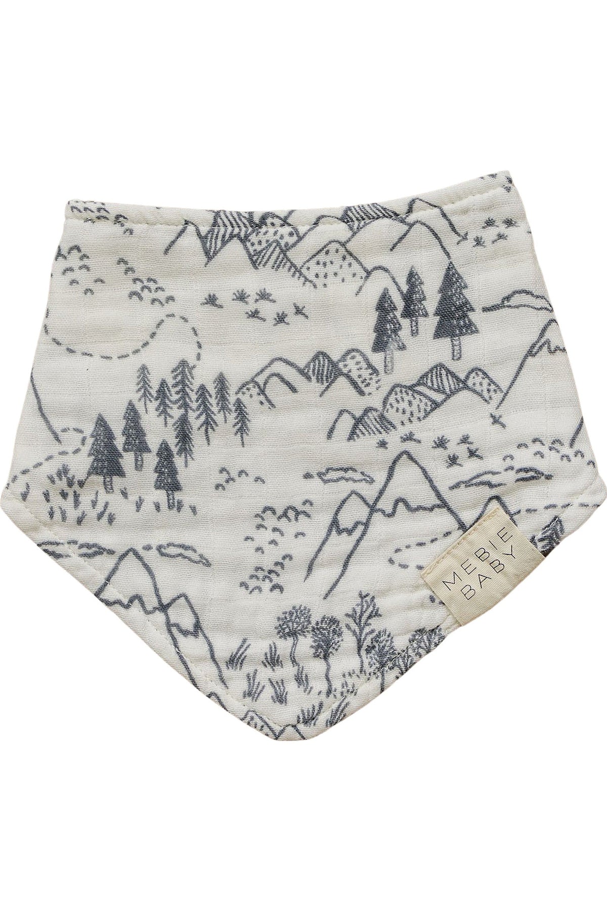 Mebie Baby muslin bib featuring a black mountain and tree design on white fabric, with a branded tag.