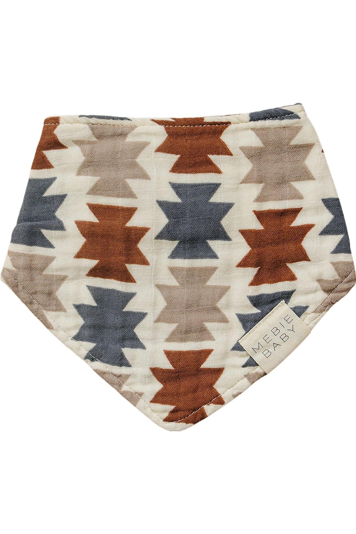 Mebie Baby muslin bib with a brown, beige, and blue Aztec pattern, featuring a small brand tag.