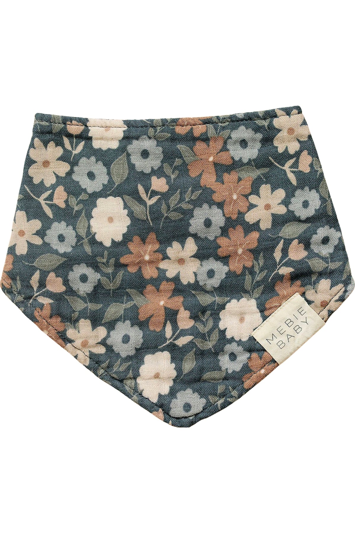 Mebie Baby bib with navy floral pattern, featuring white and peach flowers on soft, cotton muslin fabric.