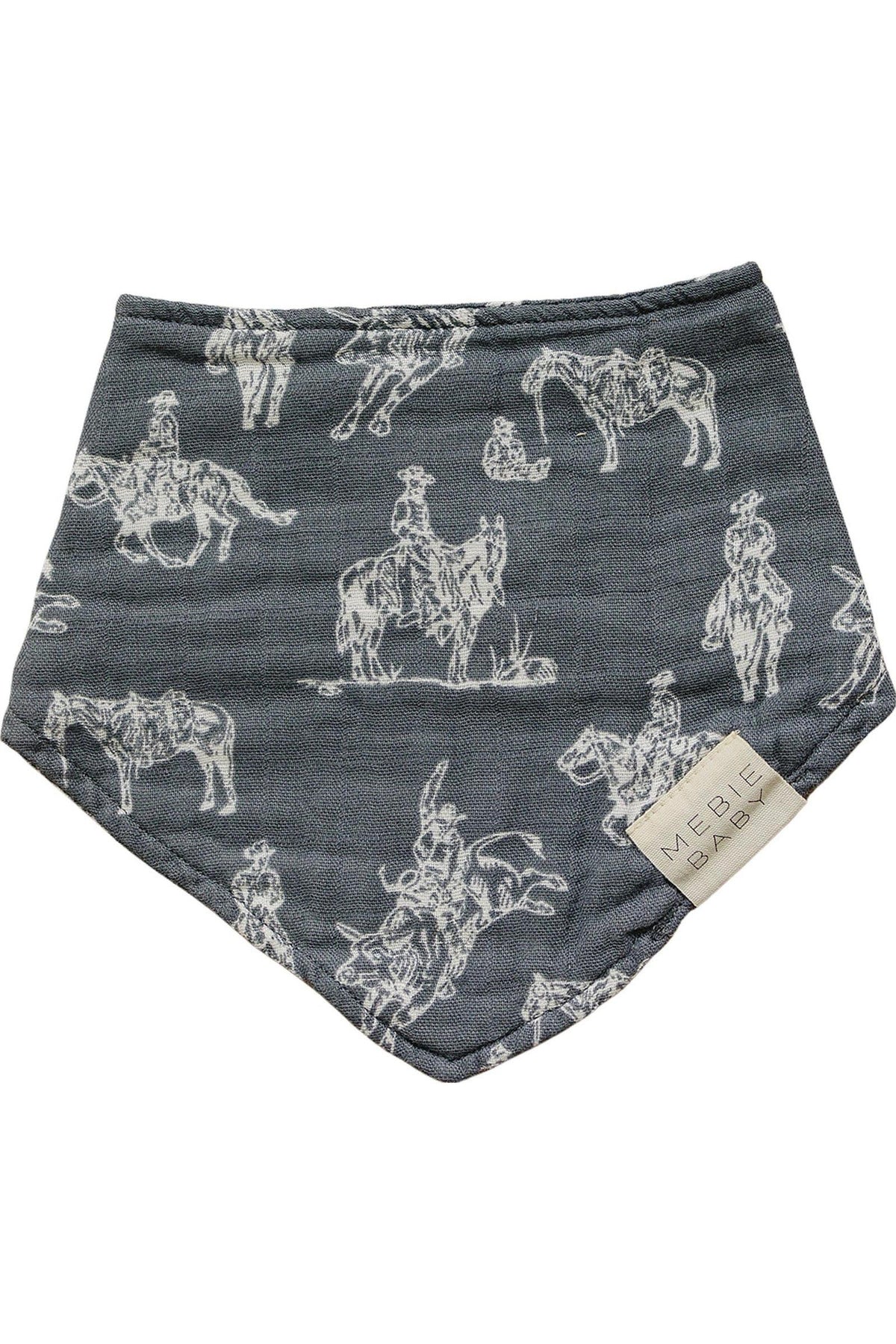 Gray muslin bib with white cowboy and horse illustrations, featuring a Mebie Baby label in the corner.