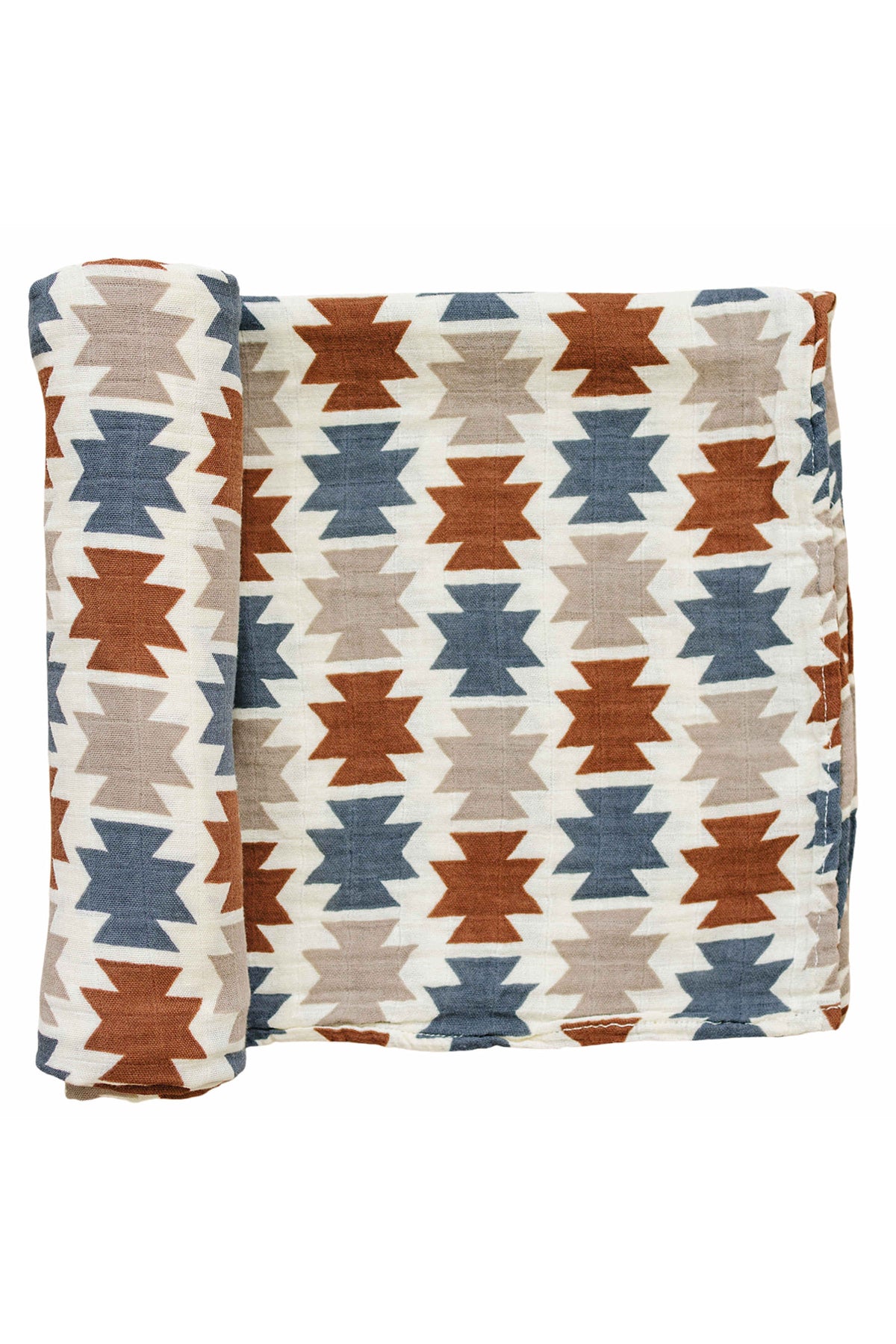 A rolled Western Aztec muslin swaddle blanket featuring geometric patterns in rust, blue, and beige colors on a cream background.
