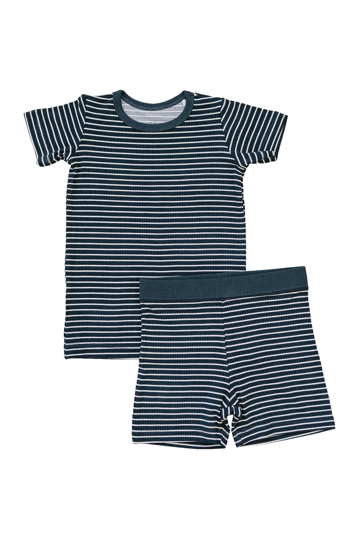 Navy and white striped ribbed shorts set for kids, featuring a short-sleeve shirt and elastic-waist shorts.