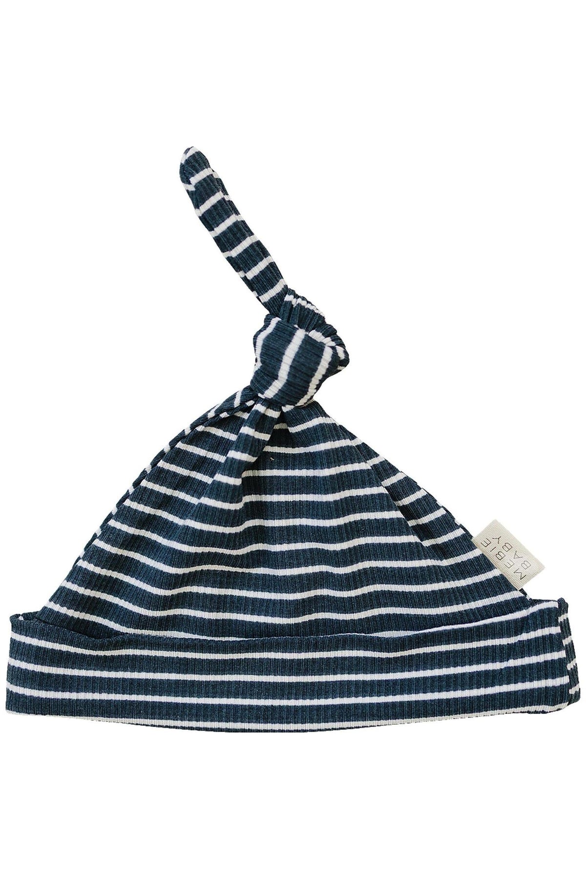 Navy and white striped ribbed newborn knot hat made from soft bamboo rayon with a small brand tag.