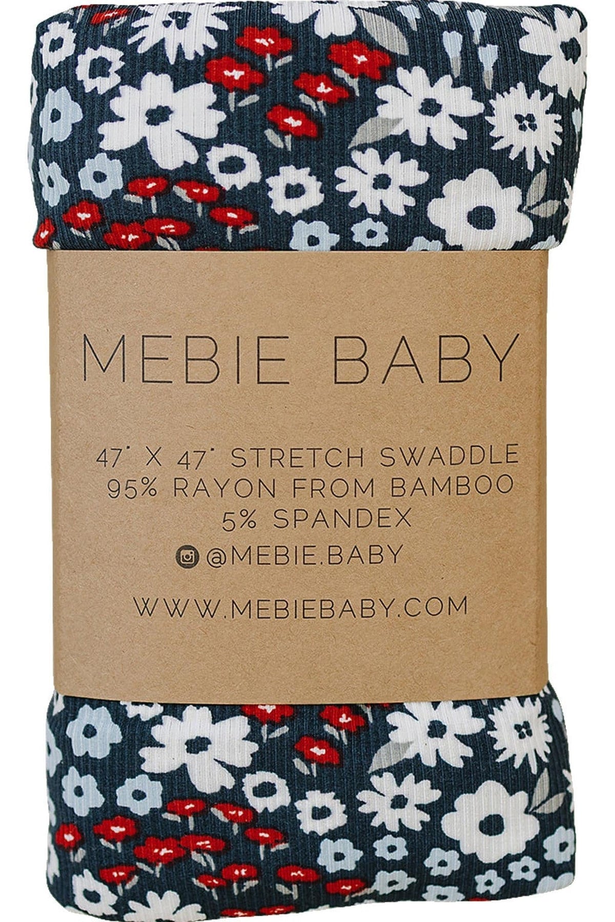 Mebie Baby Americana Floral Ribbed Stretch Swaddle features a navy background with white and red flowers, wrapped in kraft packaging.