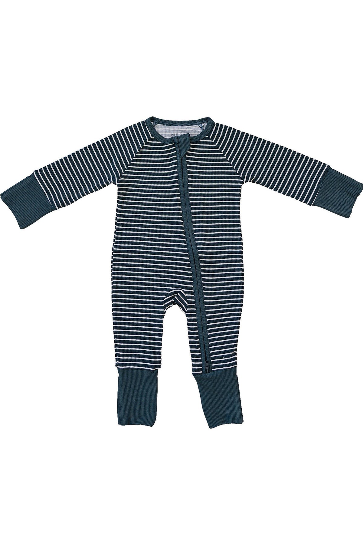 Navy striped baby pajama with ribbed cuffs and a front zipper, made from bamboo fabric.