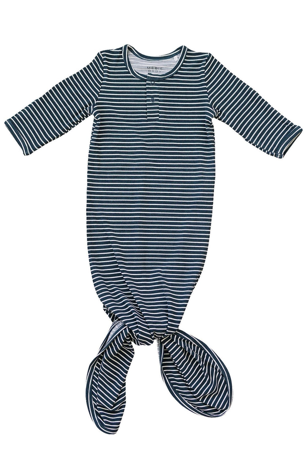 Navy striped baby gown with long sleeves and a knotted bottom, made from soft bamboo fabric.