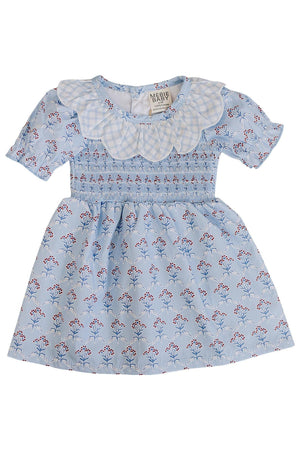 Light blue cotton dress featuring a gingham collar and delicate red floral patterns. Designed by Mebie Baby, this playful dress is perfect for twirling and everyday adventures.