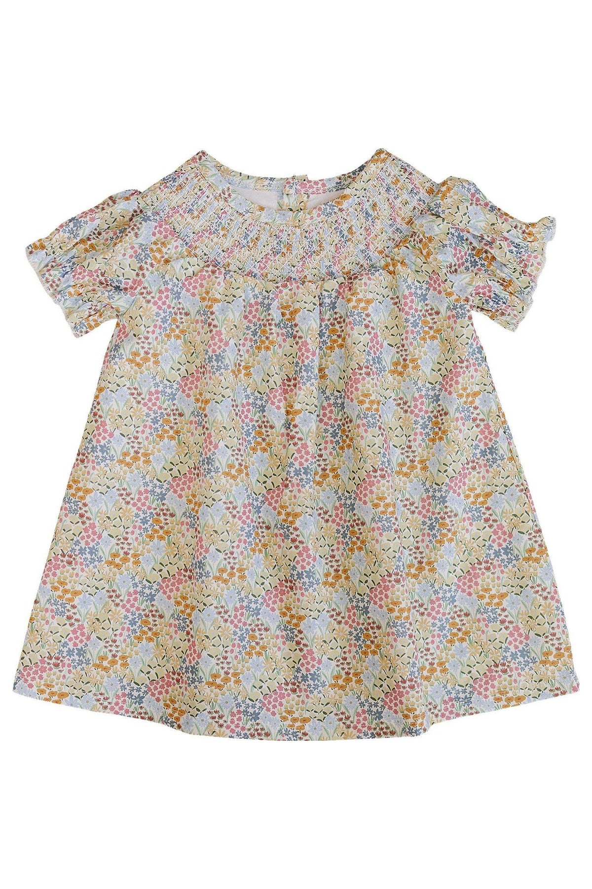 Brightly colored floral dress featuring short sleeves and a smocked neckline, made from soft, breathable organic cotton. Ideal for babies, this playful dress is perfect for warm summer days.