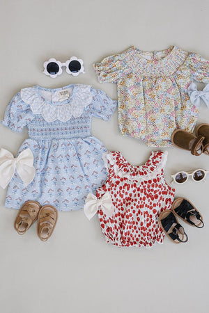 Three adorable baby dresses are displayed: a light blue dress with a gingham collar and red floral accents, a colorful floral print dress, and a red and white spotted romper.
