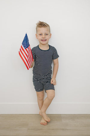 Navy Stripes Ribbed Cozy Shorts Set | Bamboo