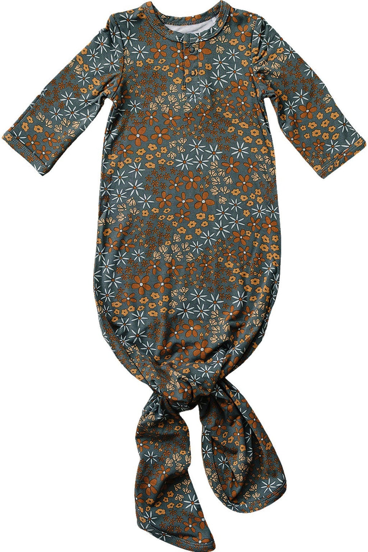 Navy floral knot gown made from bamboo fabric, featuring long sleeves and an adjustable knotted bottom for babies.