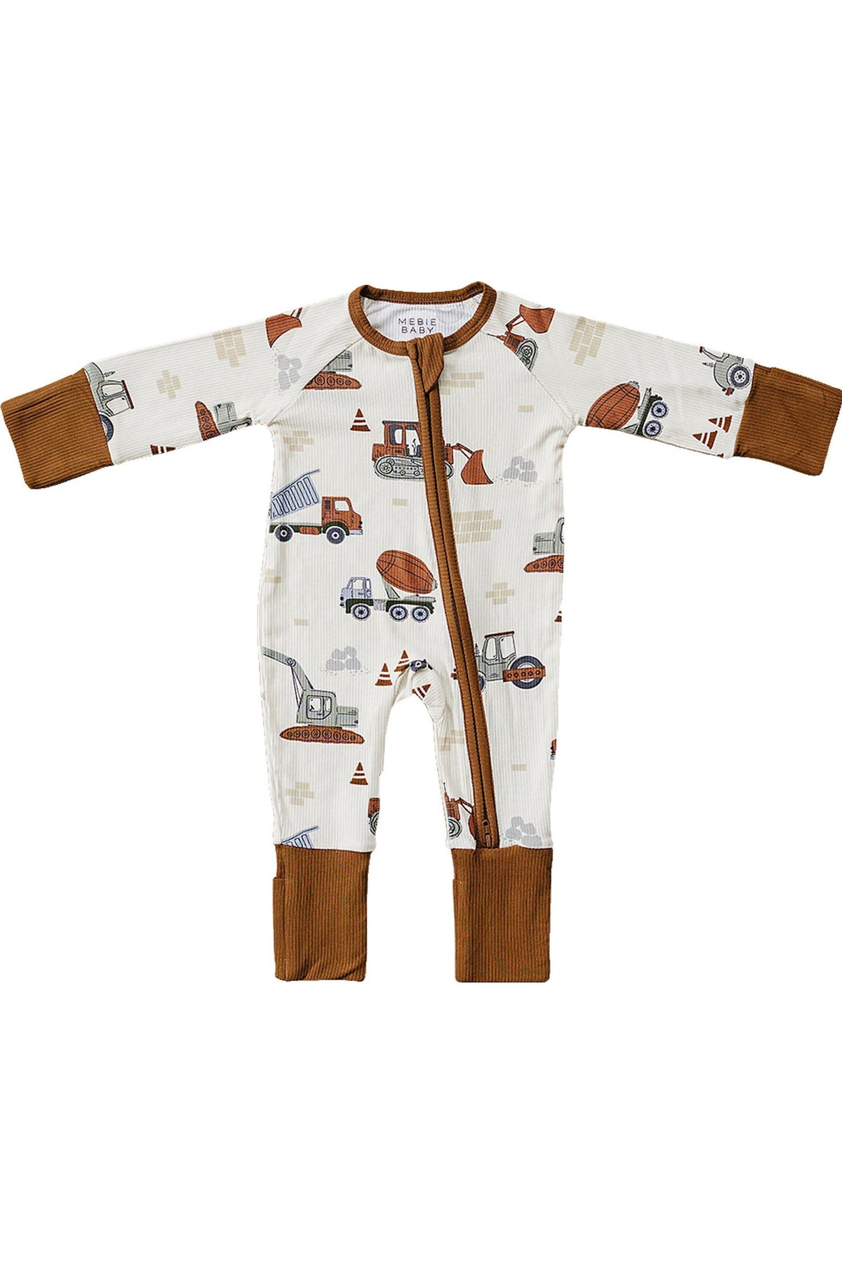 Cream-colored baby pajama with construction truck pattern, brown cuffs, and zipper, made from ribbed bamboo fabric.