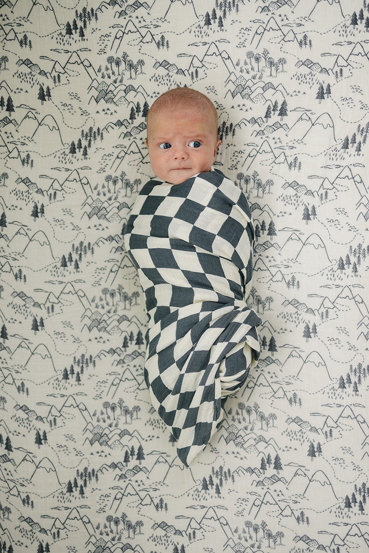 A wrapped baby with a checkered black and white swaddle is set against a patterned backdrop of mountains and trees.
