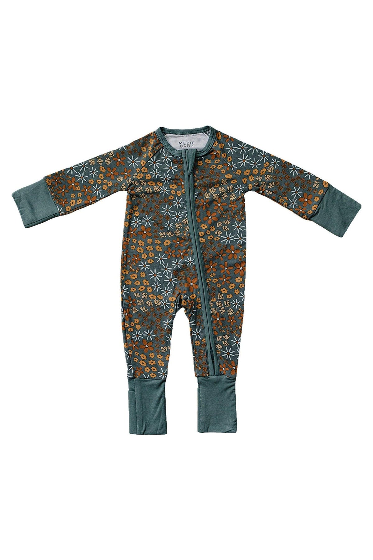 Mebie Baby floral zipper pajama in earthy tones, featuring a blue and orange floral pattern with foldable mittens.