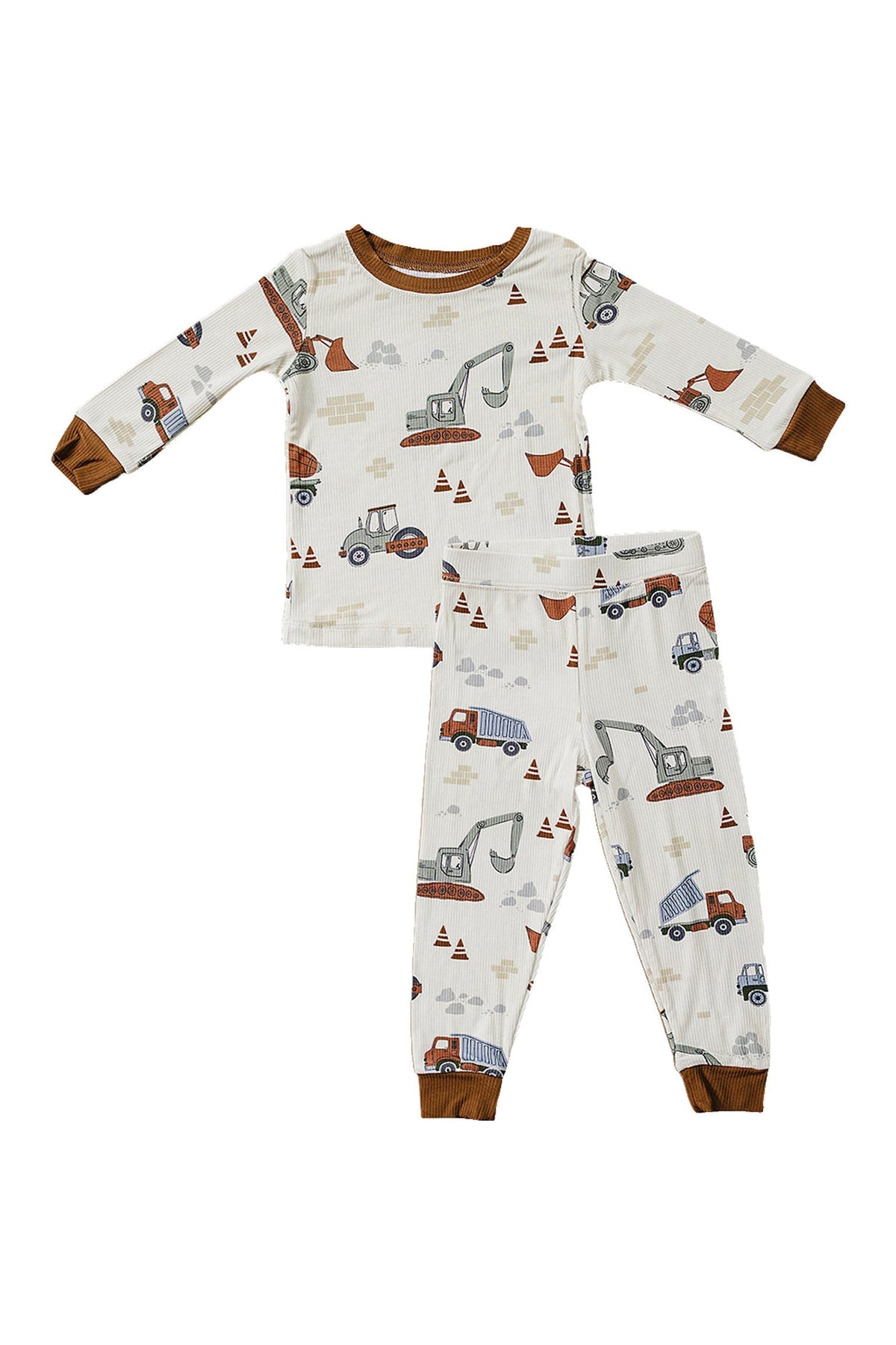 A cozy pajama set featuring a construction truck pattern in soft bamboo fabric. The set includes a long-sleeve top and matching pants, suitable for children ages 6-12 months to 5/6.
