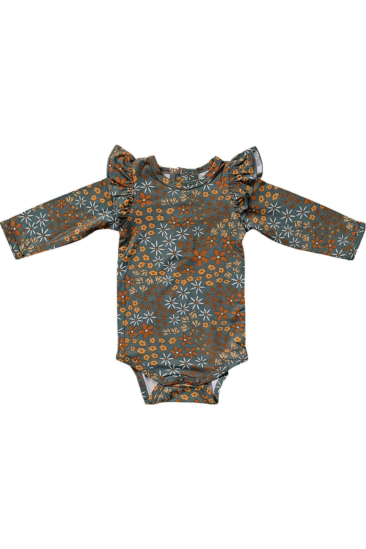 Navy floral baby bodysuit with ruffle sleeves, featuring a colorful flower pattern, made from soft bamboo fabric.