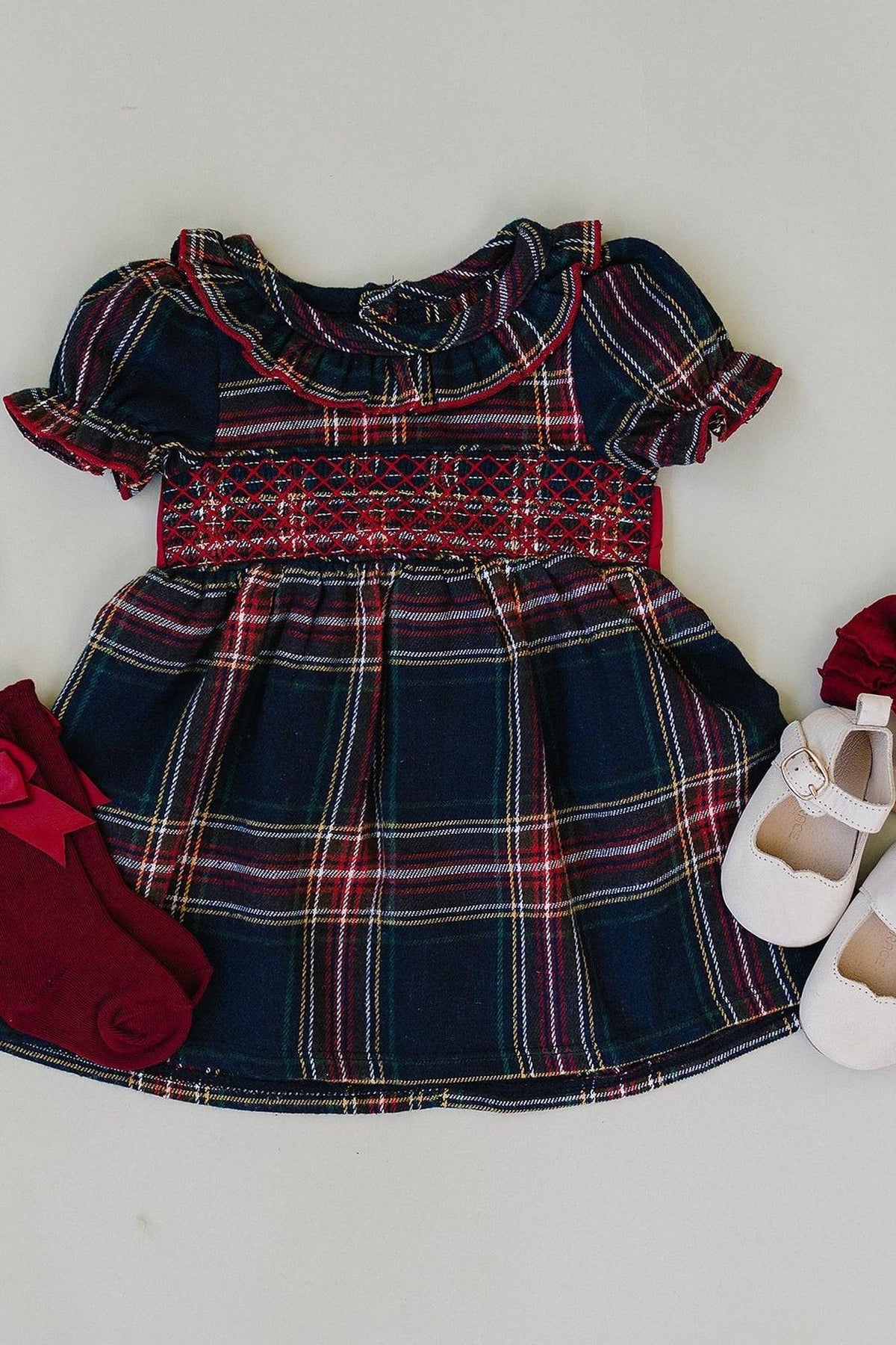 ladies tartan christmas dress white christmas dresses Plaid Classic Tartan Smocked Christmas Bishop Dress Smocked A Lot, LLC