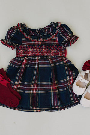 Christmas Plaid Smocked Dress with Classic Collar | Cotton