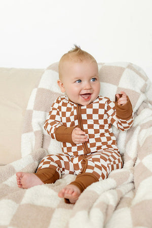 Rust Checkered Ribbed Zipper Pajama | Bamboo  | Baby Essentials