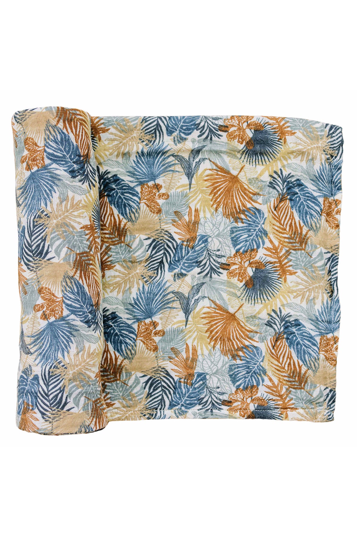 Colorful muslin swaddle blanket with a tropical palm leaf pattern in blue, orange, and yellow hues.