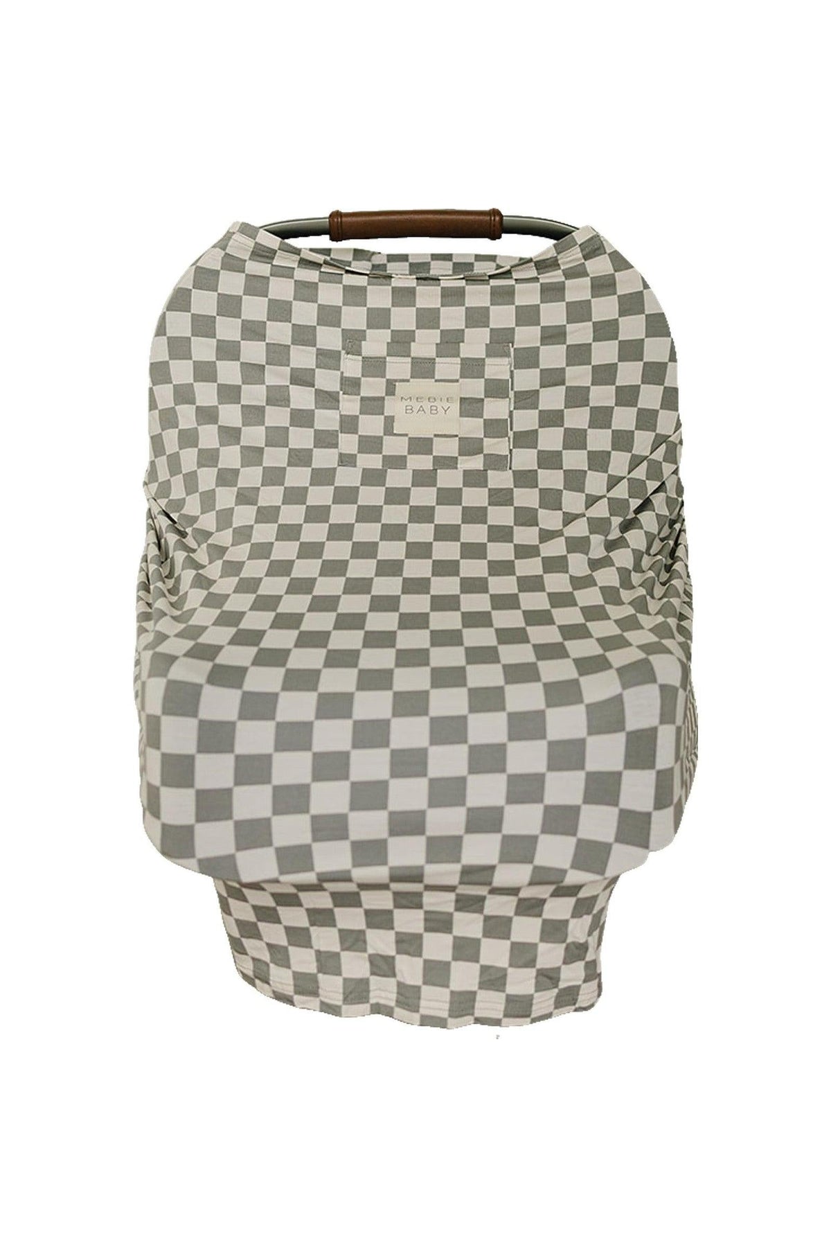 Light green checkered baby cover from Mebie Baby, crafted from bamboo fabric, draped over a car seat.