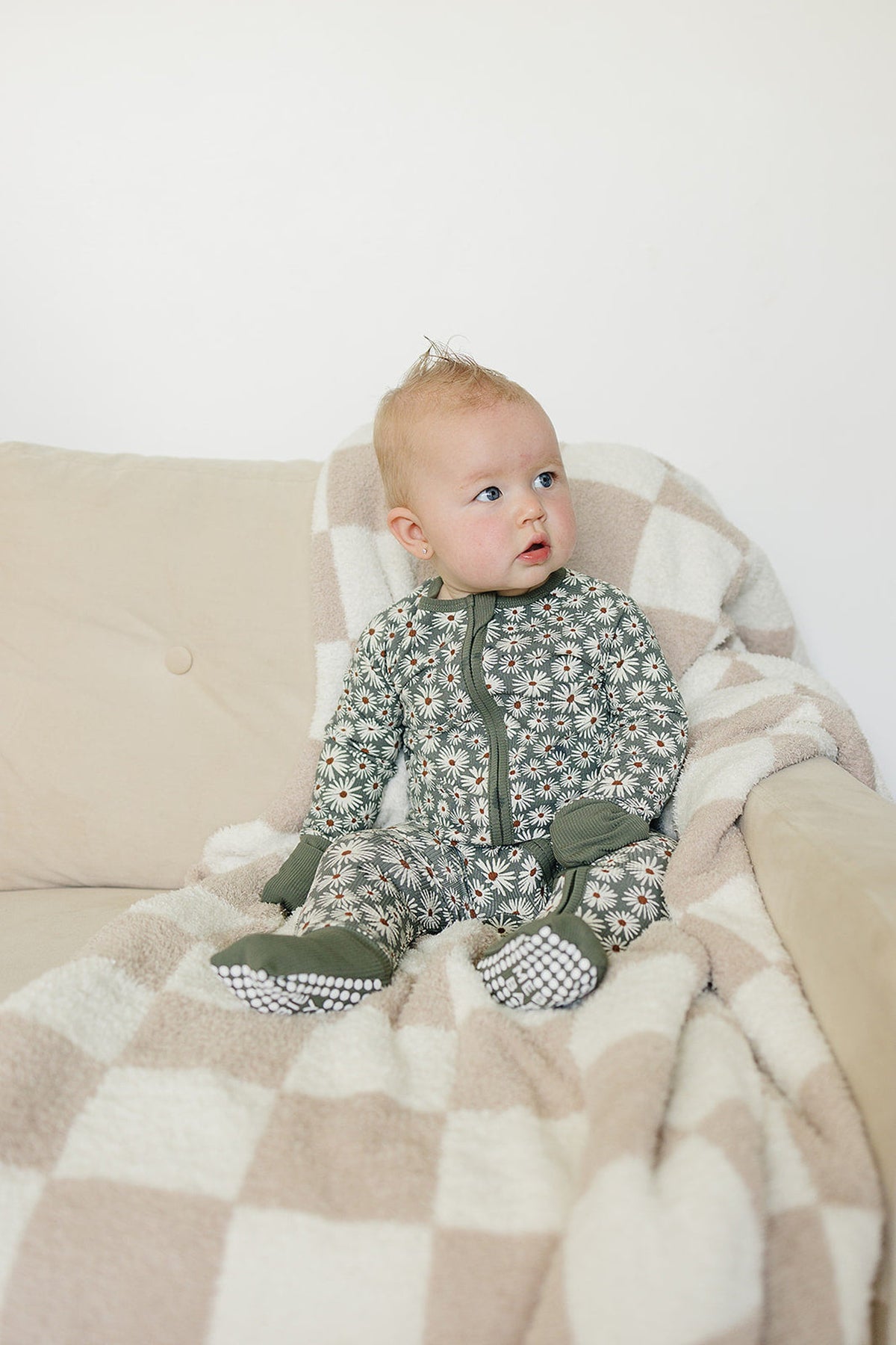 Dark Green Daisy Ribbed Zipper Pajama | Bamboo  | Baby Essentials