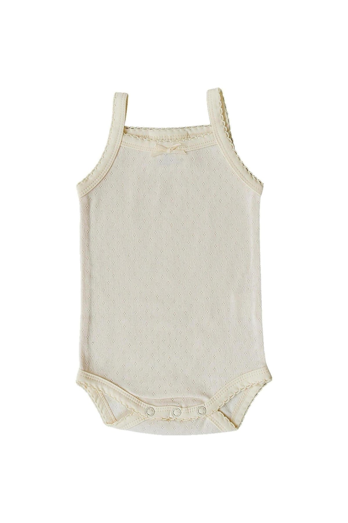 Cream-colored pointelle tank bodysuit with adjustable straps and snap closures at the bottom, suitable for baby girls.
