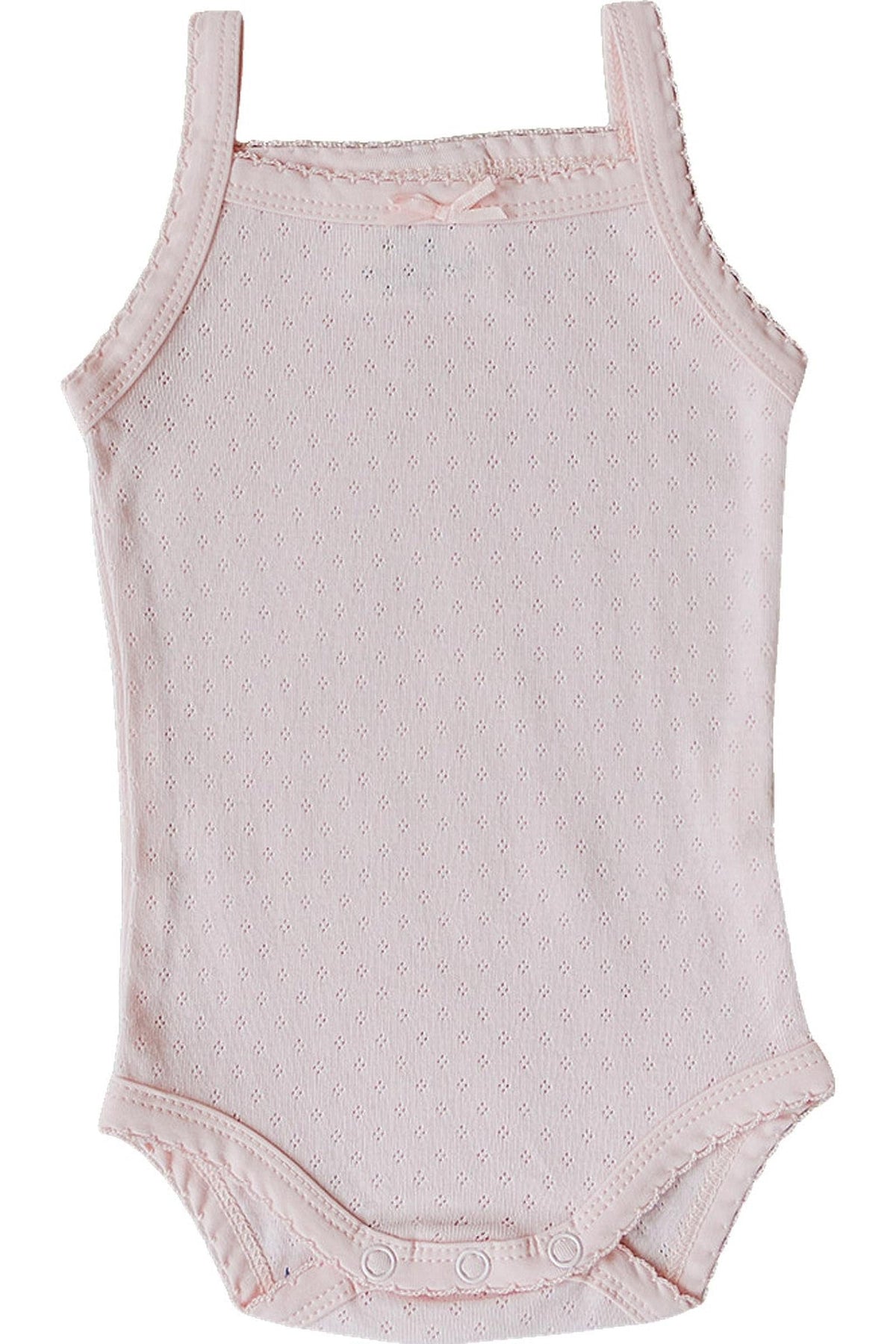Light pink cotton tank bodysuit featuring delicate pointelle knit design, ideal for baby girls in spring.