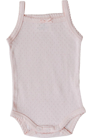Light pink cotton tank bodysuit featuring delicate pointelle knit design, ideal for baby girls in spring.
