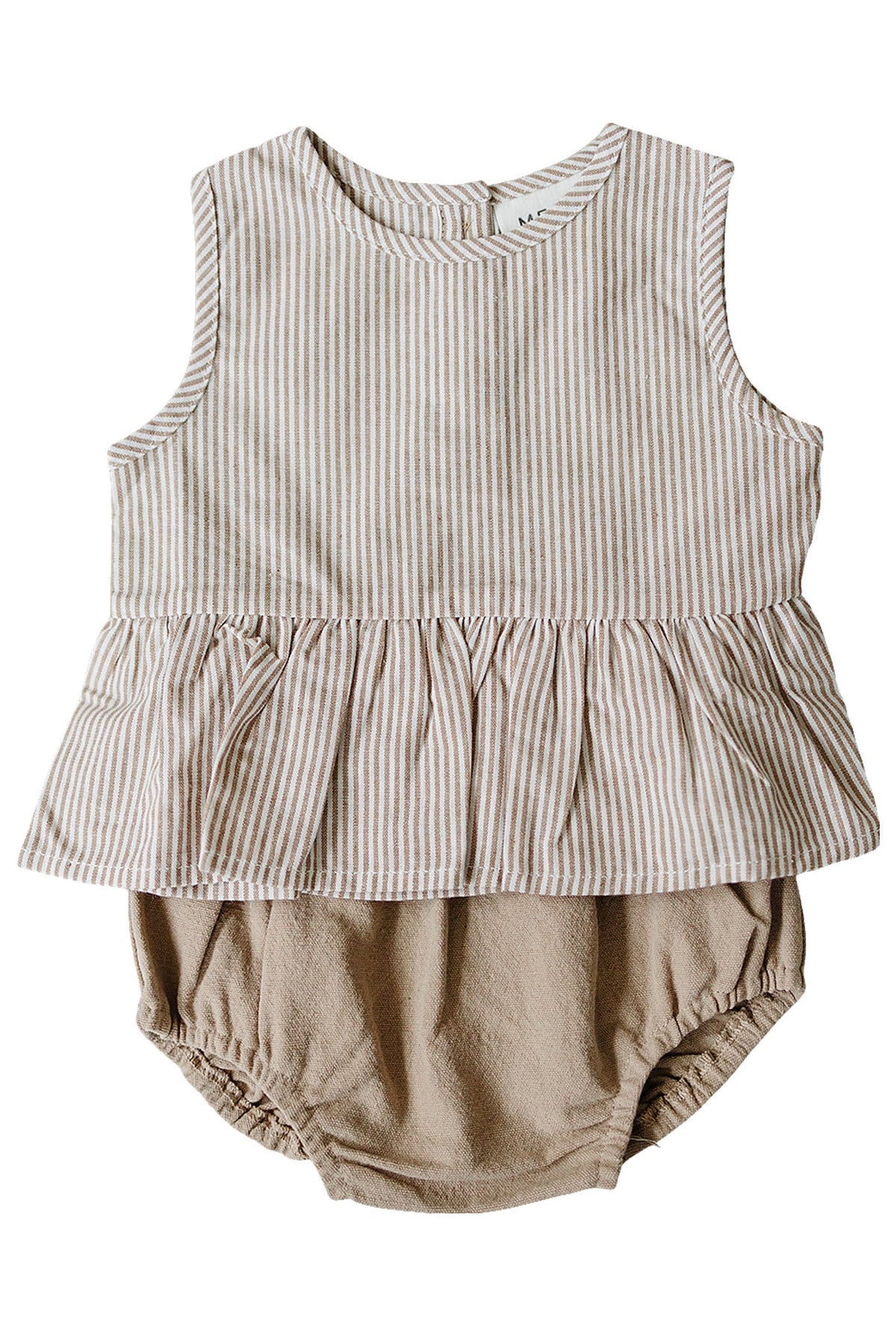 Tan striped peplum top paired with matching bloomers, made from soft cotton, suitable for baby girls aged 0-2T.