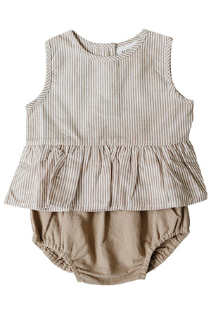 Tan striped peplum top paired with matching bloomers, made from soft cotton, suitable for baby girls aged 0-2T.
