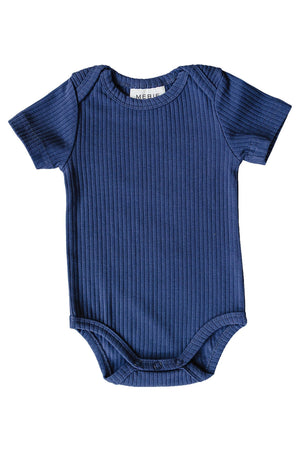 Navy blue ribbed bodysuit featuring short sleeves, a classic envelope neckline, and snap closures for easy dressing. Ideal for babies.