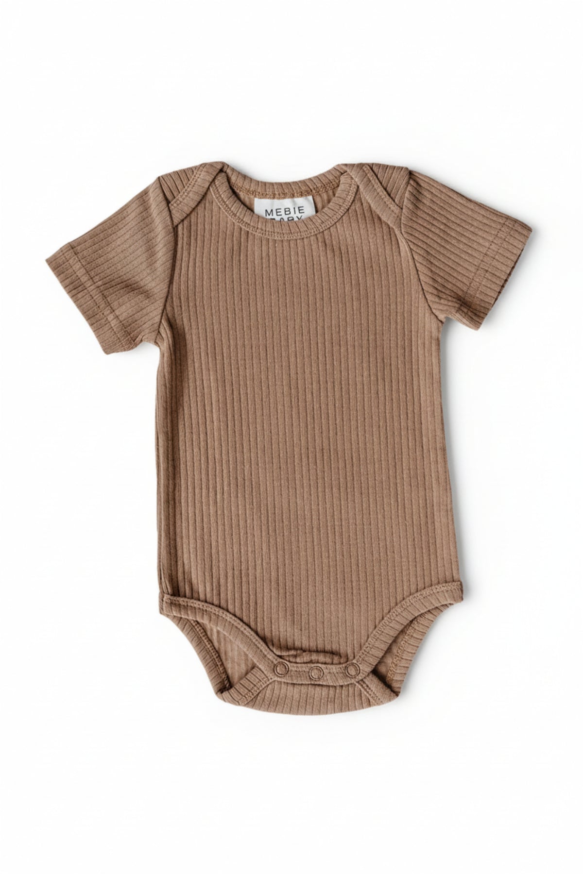 Tan ribbed cotton bodysuit with short sleeves, featuring snap closures at the bottom. Ideal for everyday wear for babies.