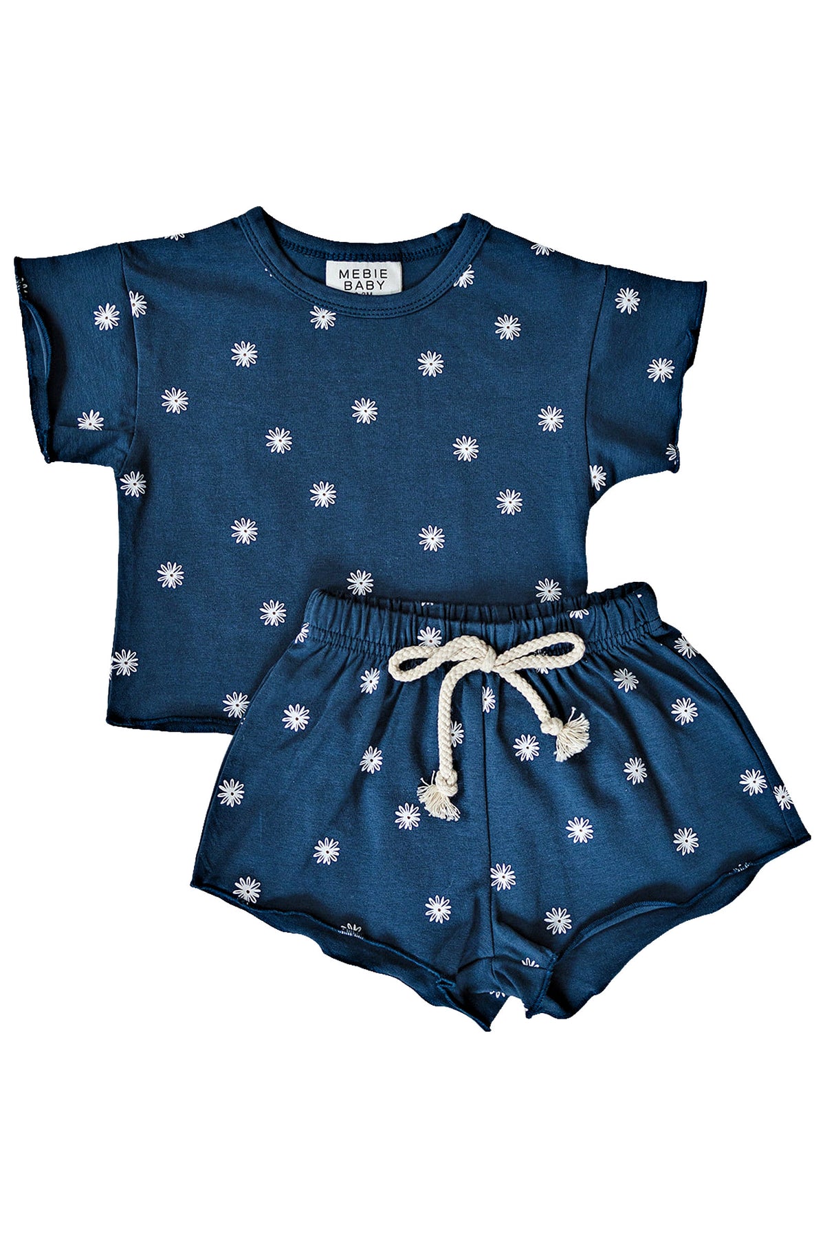 Navy cotton short set with white daisy print, featuring a raw hem and rope tie waistband. Perfect for kids.