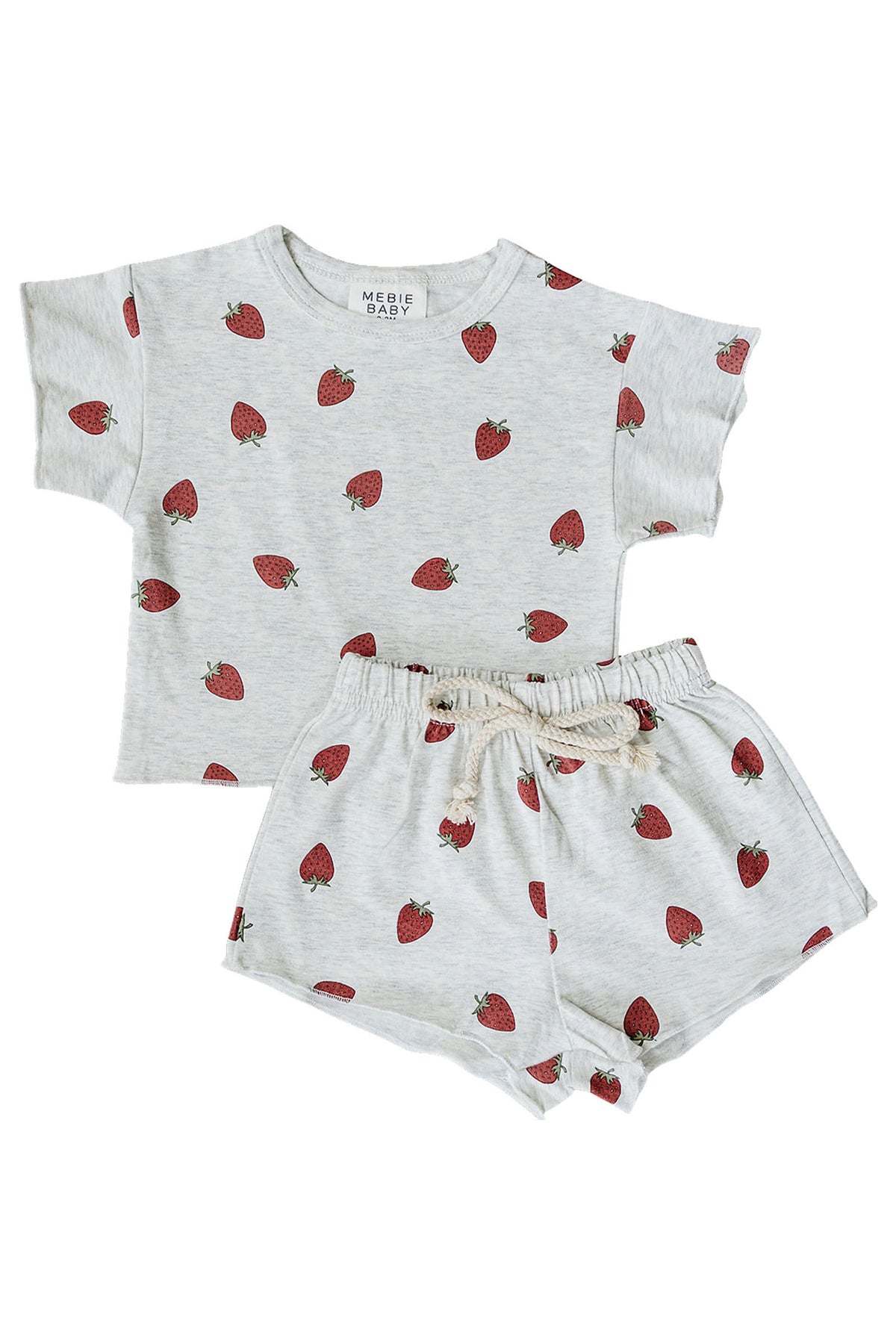Light grey cotton short set featuring a playful strawberry print, ideal for warm weather and comfortable play.