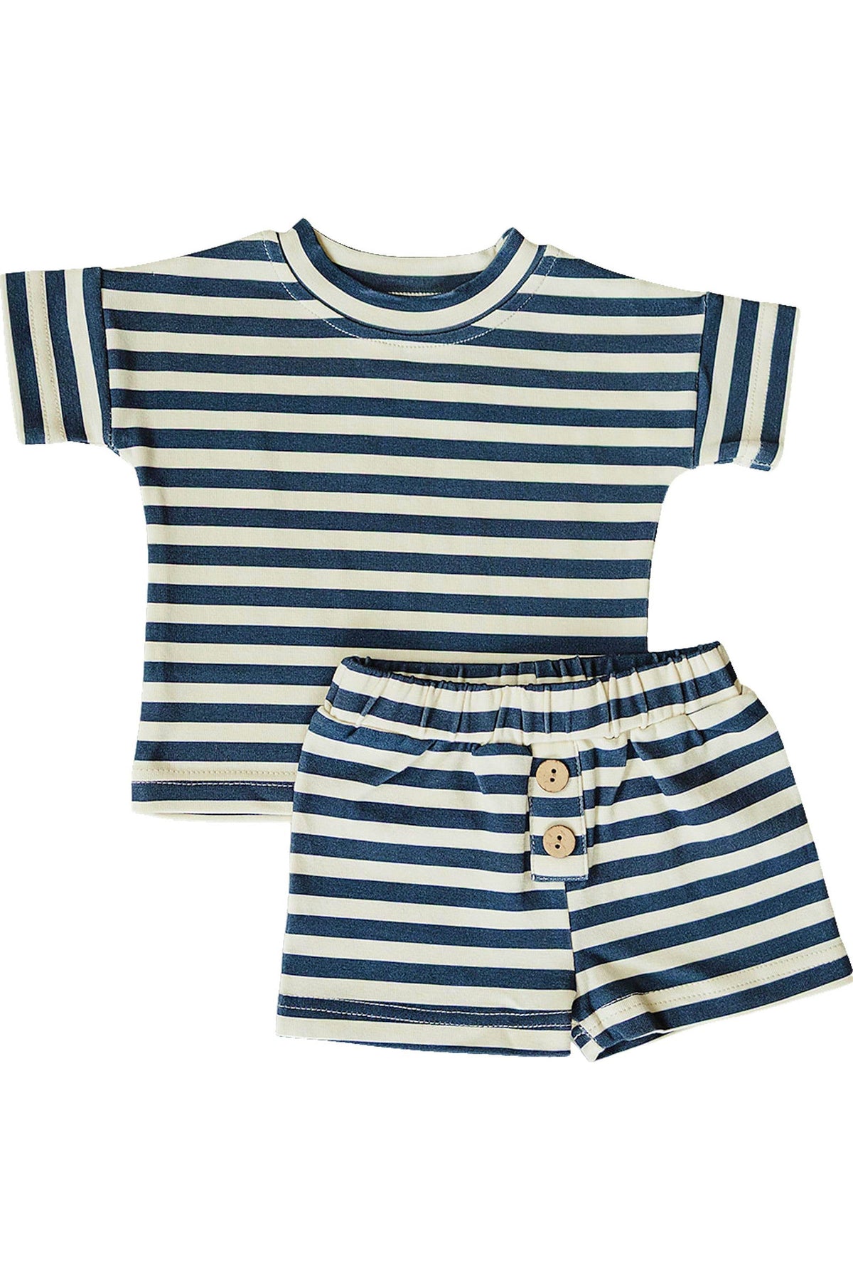 Navy and cream striped short-sleeve shirt and matching shorts with wooden buttons, made from soft cotton for boys.
