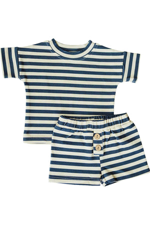 Navy and cream striped short-sleeve shirt and matching shorts with wooden buttons, made from soft cotton for boys.