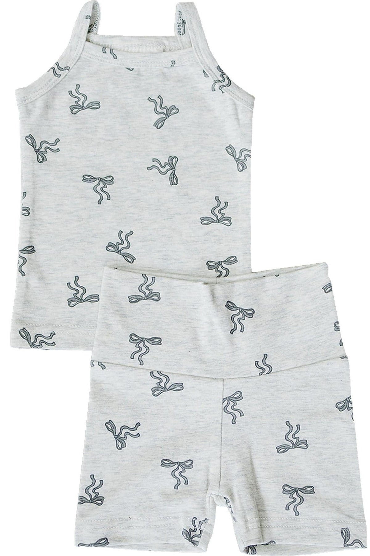 Light gray tank top and biker shorts set with bow pattern, made from soft cotton for babies and kids.