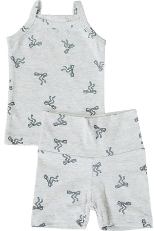 Light gray tank top and biker shorts set with bow pattern, made from soft cotton for babies and kids.