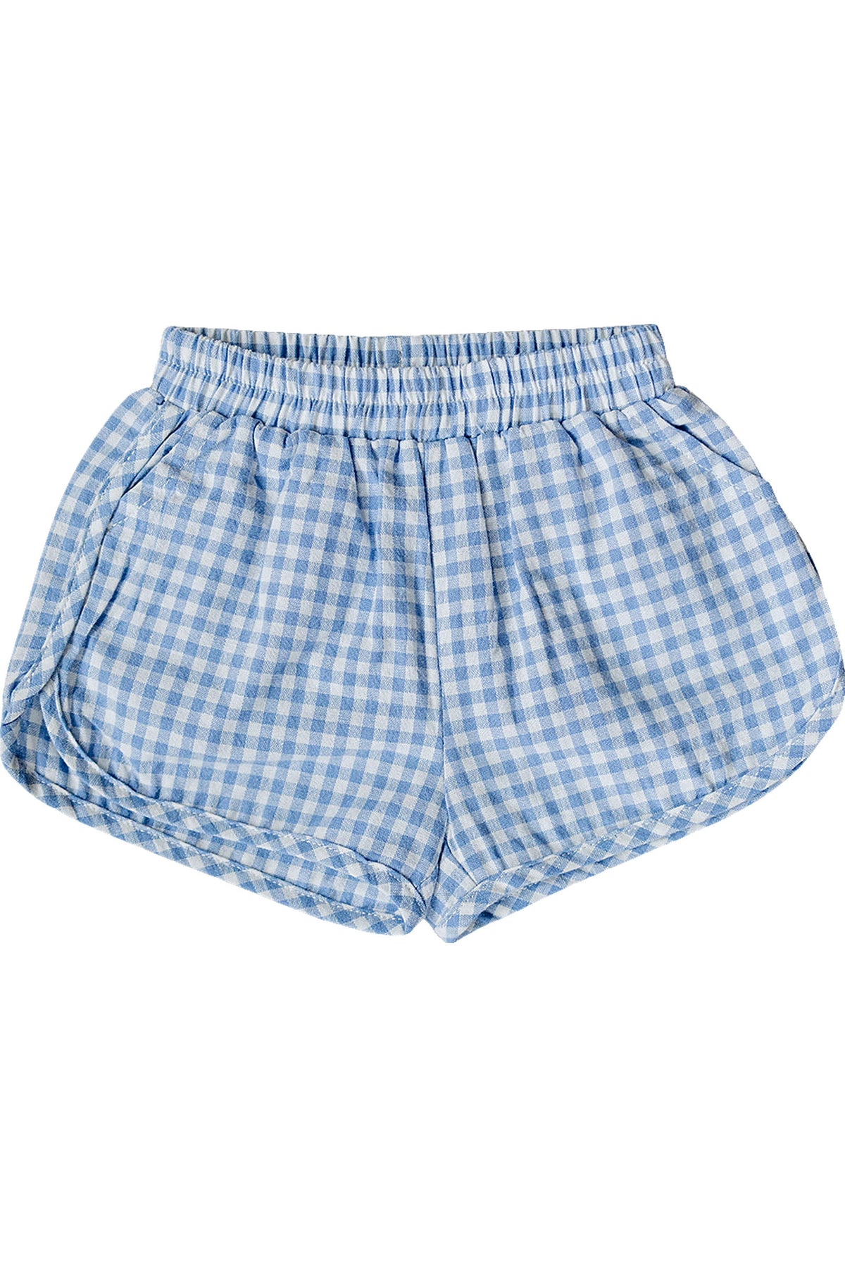 Blue gingham shorts made from soft, durable fabric feature an elastic waistband for comfort. Ideal for sunny days, these shorts are perfect for young girls summer activities.