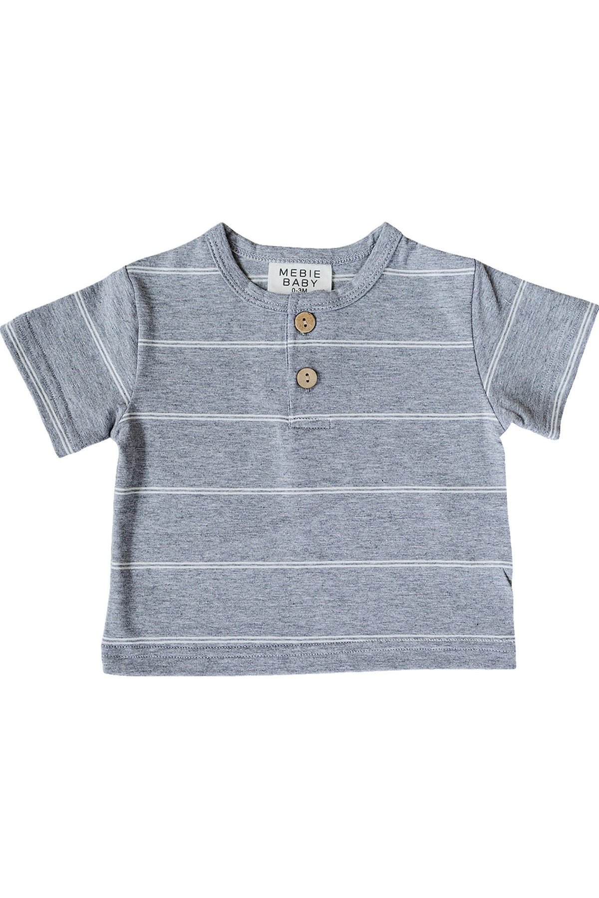 A grey striped short-sleeve t-shirt features a button-front detail, made from soft, breathable fabric suitable for babies.