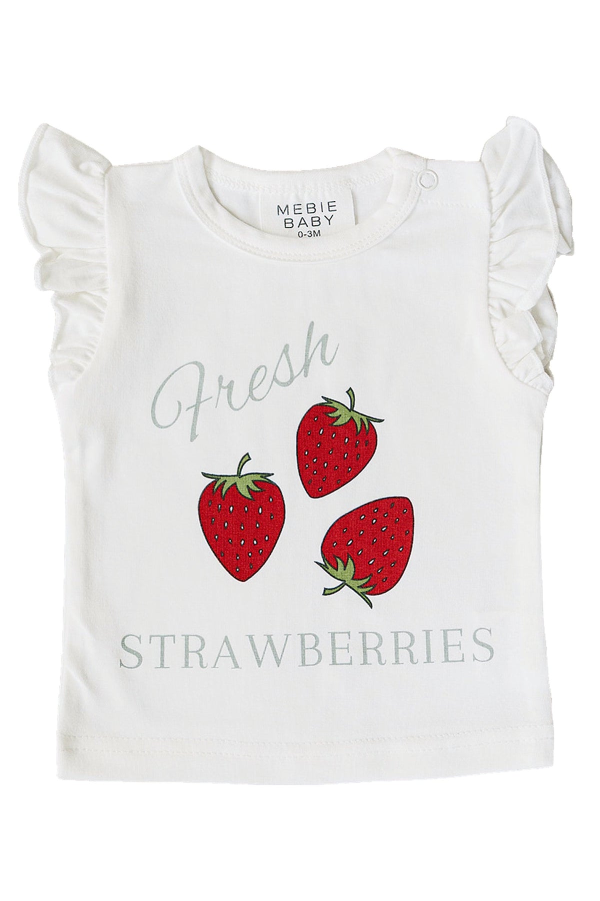 A white cotton t-shirt featuring three playful red strawberries and the text Fresh Strawberries. The shirt has ruffled sleeves, perfect for babies and toddlers in warm weather.