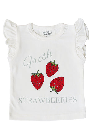 A white cotton t-shirt featuring three playful red strawberries and the text Fresh Strawberries. The shirt has ruffled sleeves, perfect for babies and toddlers in warm weather.