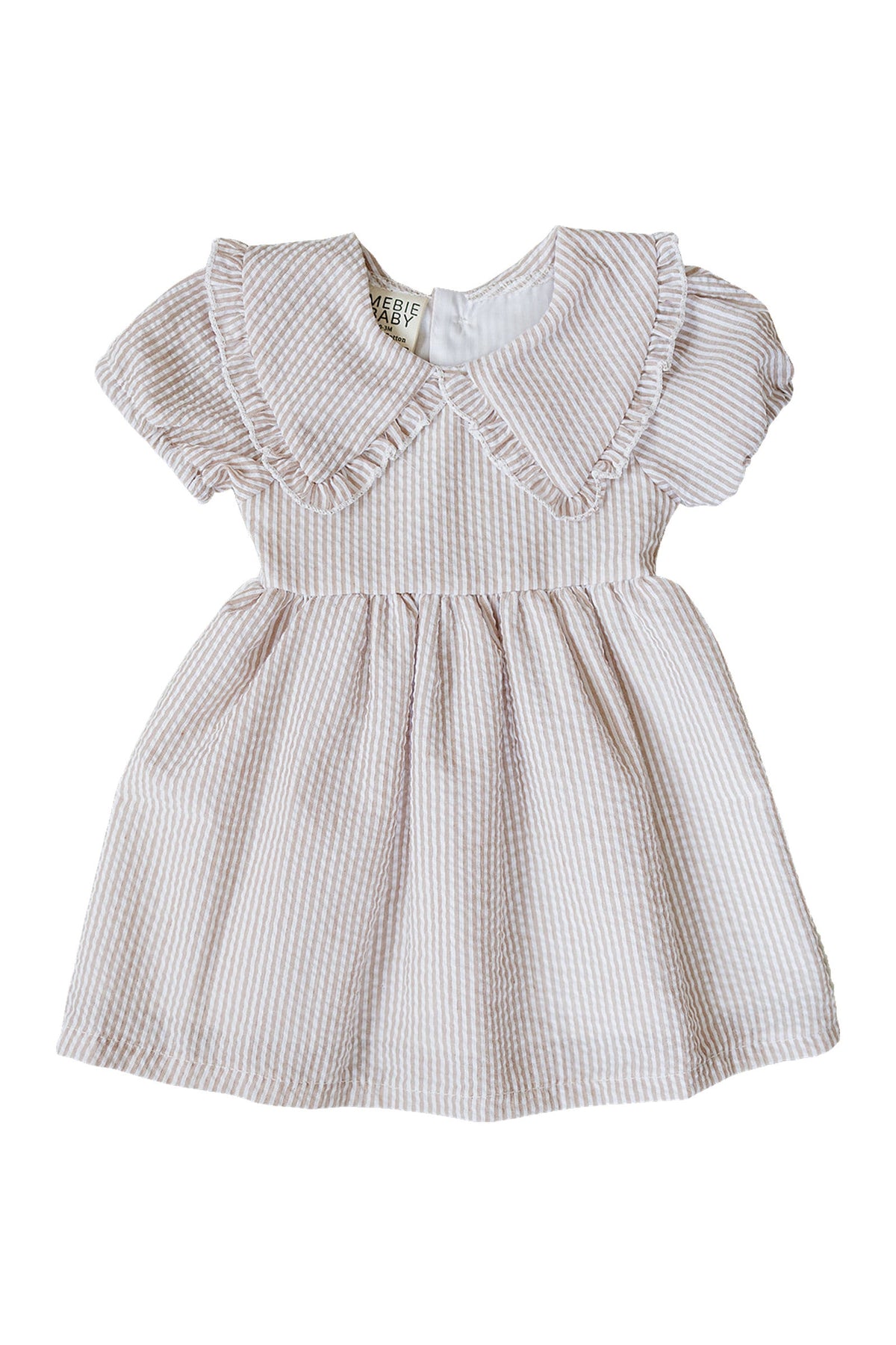 Taupe striped cotton dress featuring a classic Peter Pan collar and short sleeves, perfect for baby girls.