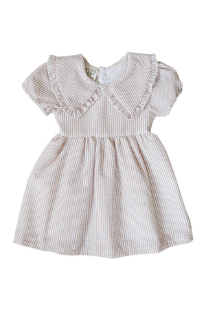 Taupe striped cotton dress featuring a classic Peter Pan collar and short sleeves, perfect for baby girls.