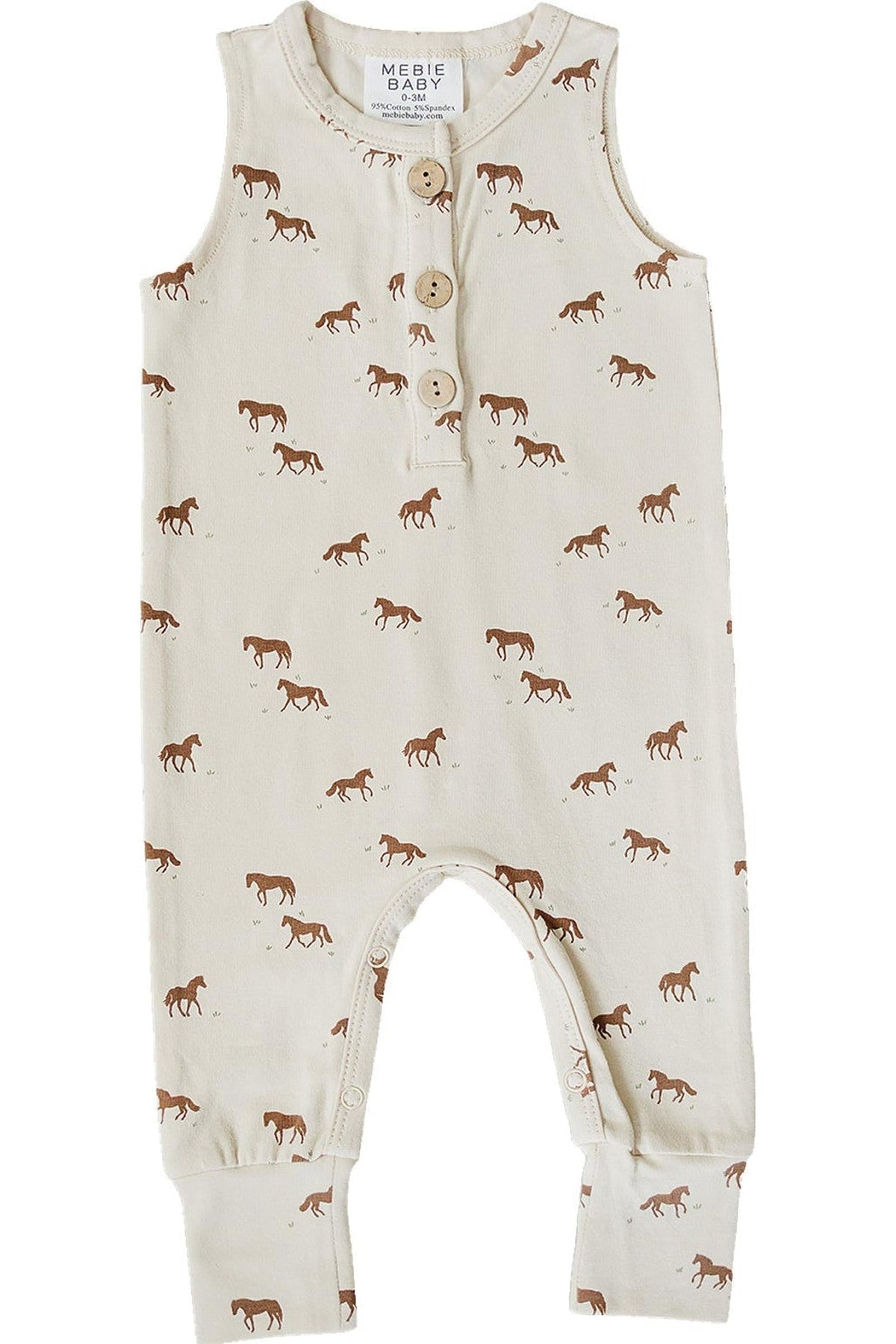 A cream tank romper featuring a playful brown horse print, made from soft, breathable cotton for baby girls.